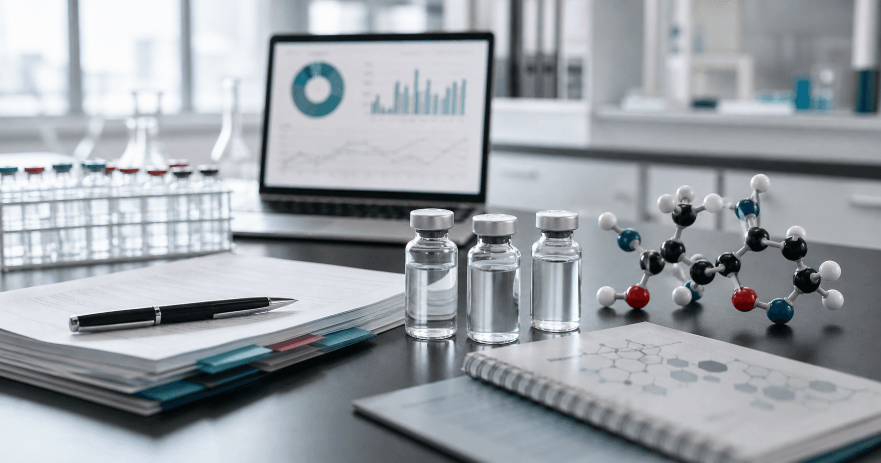 Editorial stock image of medicine vials, regulatory review documents, and a molecular model on a laboratory bench.