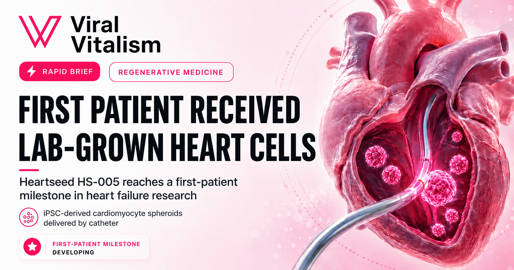 Viral Vitalism social preview artwork for Heartseed HS-005 lab-grown heart cell therapy.